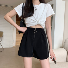 Real shot black shorts women's summer high waist show thin versatile wear elastic wide leg A-line hot pants