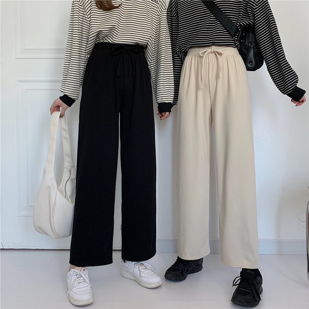 Real shot vertical high waist straight knitting trousers