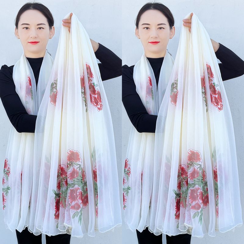 白色丝巾女春秋长款鳄鱼围巾春秋韩版百搭沙巾印花披肩防晒沙滩巾