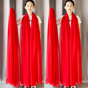女士红色丝巾春秋季 披肩防晒沙滩巾 围巾女红沙巾广场舞蹈纱巾长款