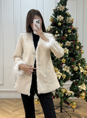 七七新毛呢宽松显瘦短外套(配可拆真水貂毛袖毛)（含20羊毛）X585