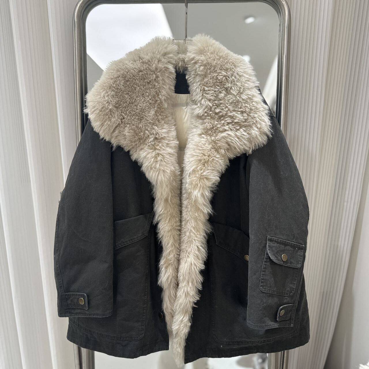 七七绿色工装派克保暖羽绒服外套(配可拆卸真羊毛毛领)HF001W