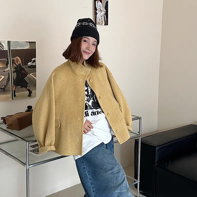 七七主推款韩版简约立领单排扣双面羊毛外套（含100羊毛）B8565