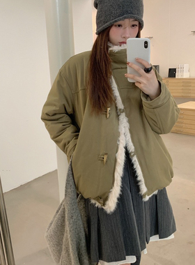 七七小众设计新韩系牛角扣环保皮毛派克保暖棉服外套YTT-25132