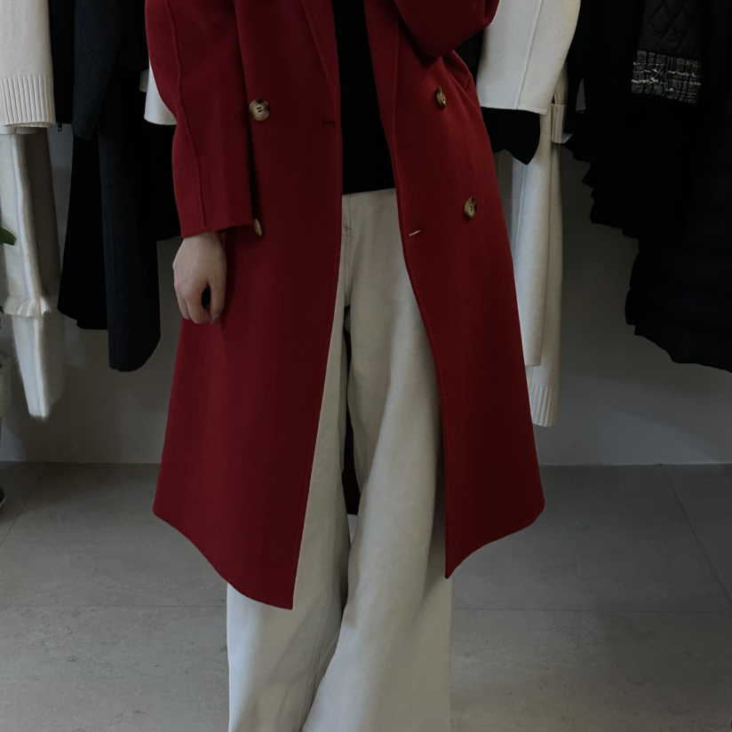 七七设计杭州站-红色双排扣长款修身羊毛外套（含100羊毛）YWT903