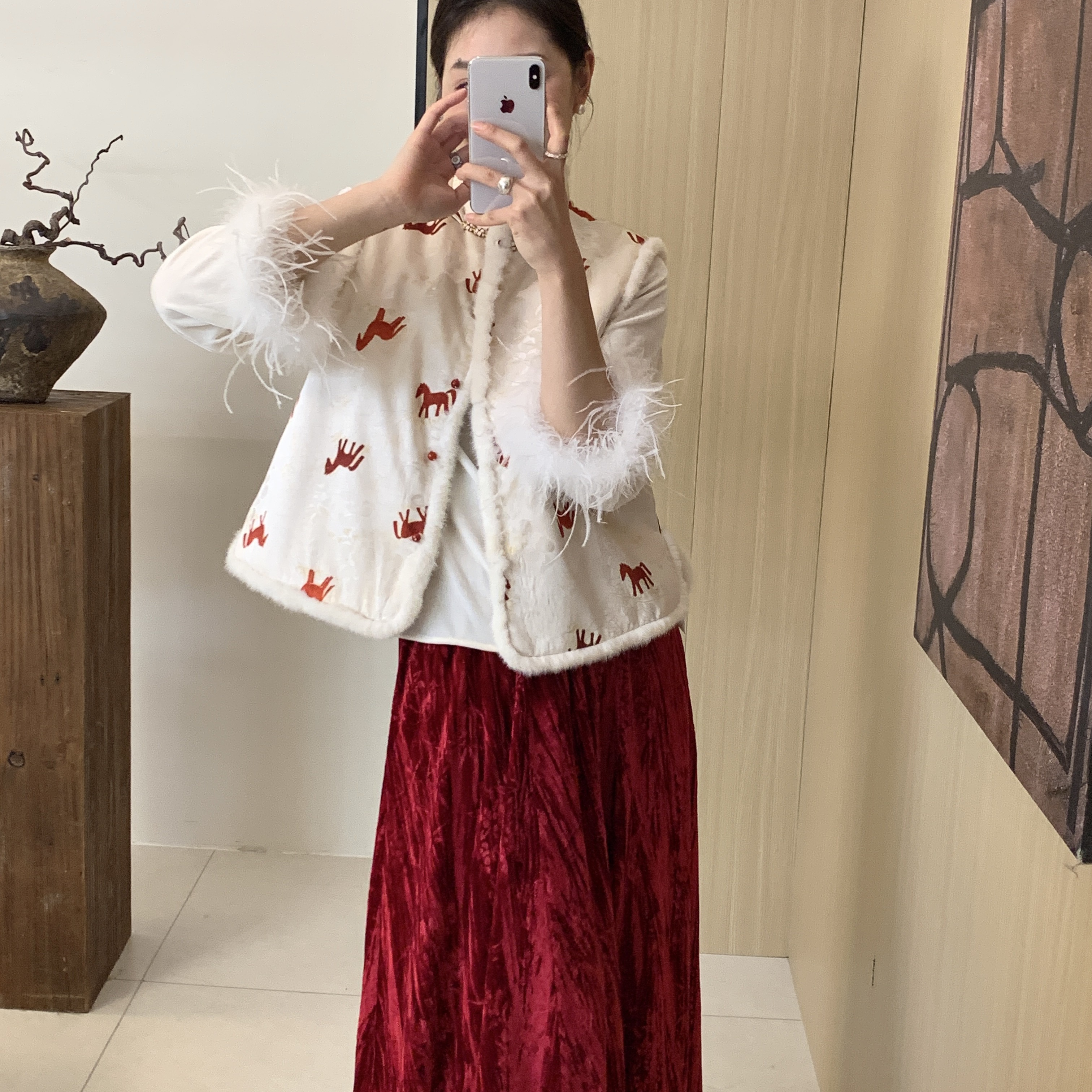 七七国风新中式-国风新中式拼驼鸟毛羊毛棉马甲（含20真丝）G062