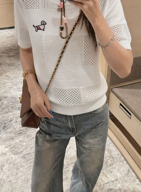 七七设计众设计师潮牌网红辣妹小狗刺绣镂空短袖上衣针织衫Q296