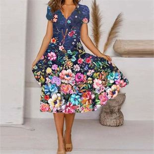 Neck Short Trend Fashion Sleeve Print Flower Dress Streetw