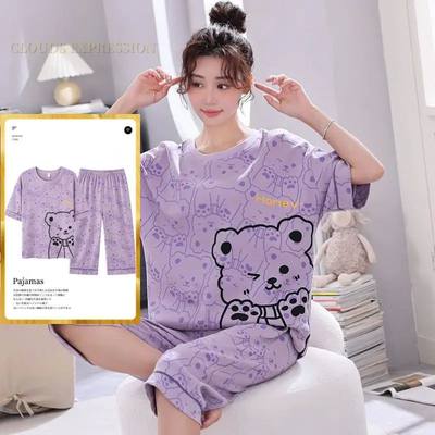 Summer 2 Pieces Sets Cartoon Capris Nightwear Womens Pajama