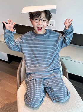 男童双面德绒睡衣条纹家居服套装