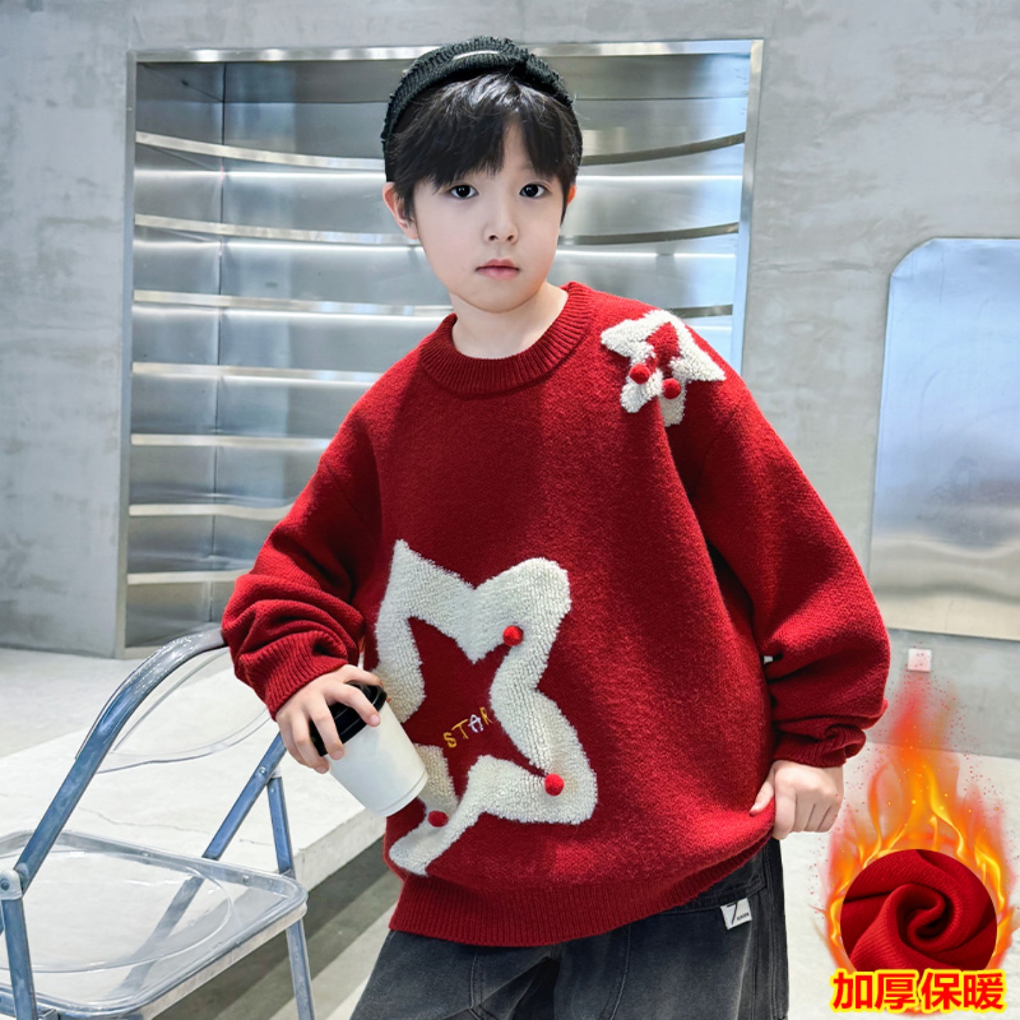 男童加厚红色毛衣马年拜年针织衫