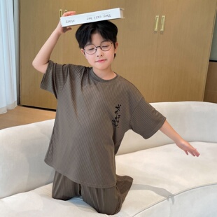 男童莫代尔睡衣夏季薄款短袖长裤套装青少年男孩可外穿时尚家居服