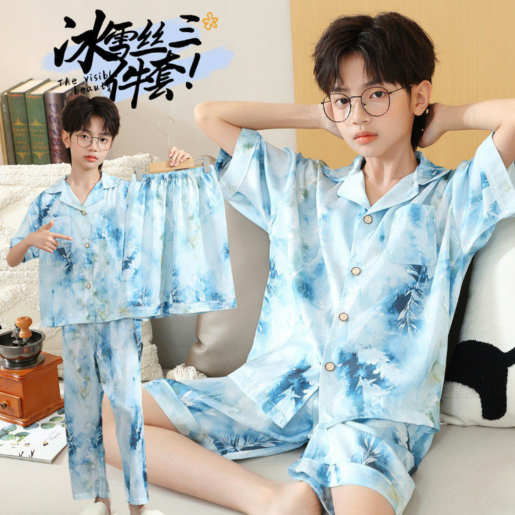 儿童装男童夏季2025新款中大童男孩休闲冰丝短袖睡衣家居服三件套