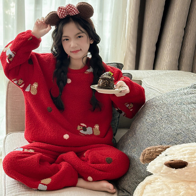 女大童睡衣半边绒冬季家居服套装