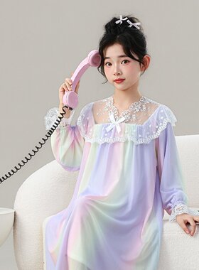 女童甜美风彩虹睡裙冰丝家居服