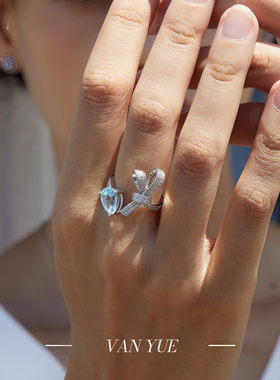 S925银天然托帕石戒指活口气质蝴蝶结海蓝彩宝开口指环高品质银饰