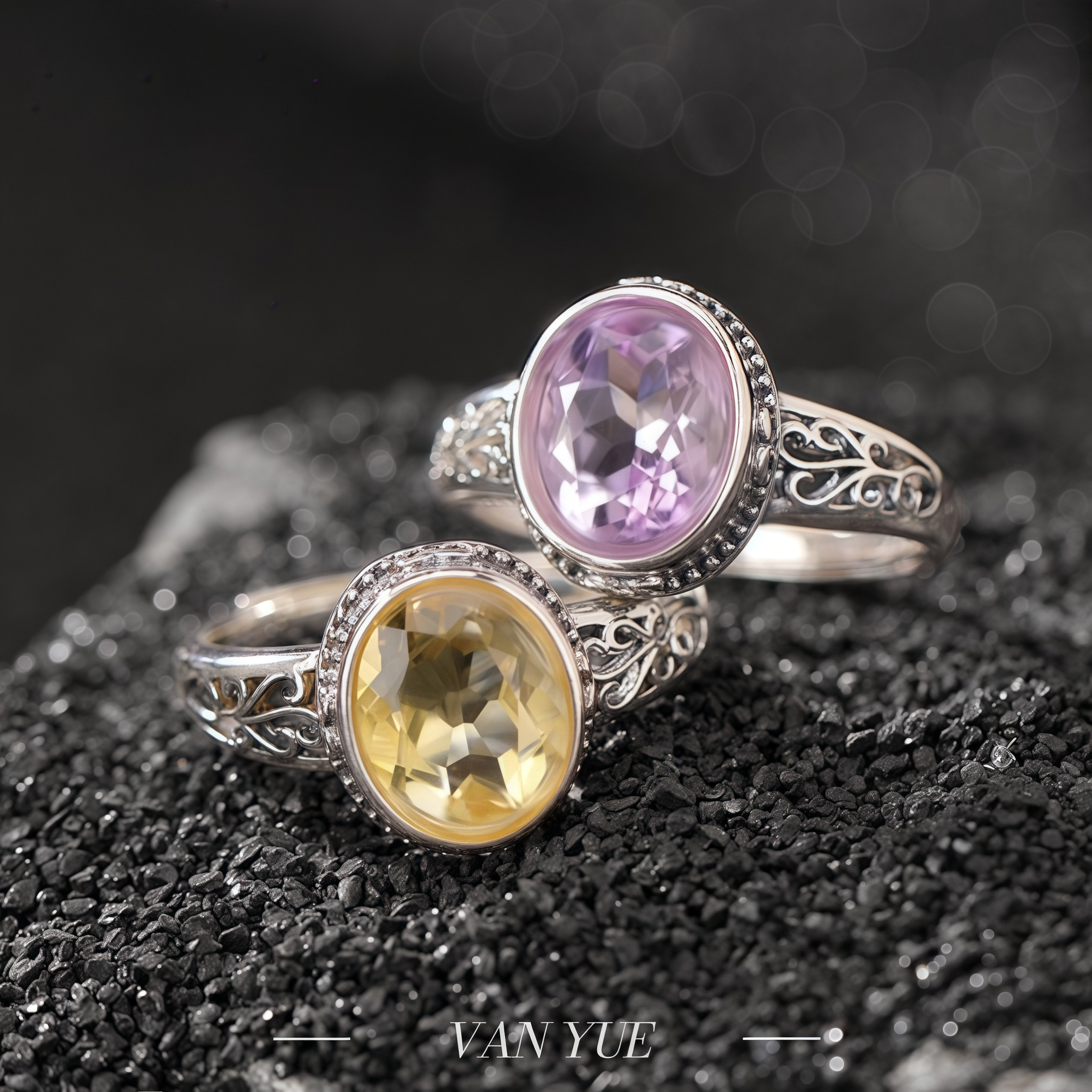 S925纯银紫水晶黄水晶复古做旧花纹镂空蛋面戒指切面银指环