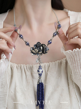 S925银青金石青花瓷牡丹花流苏项链圆珠蝴蝶祥云珠尾链