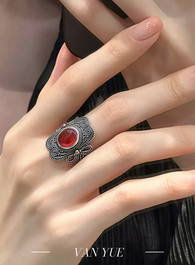 S925银蛋形玛瑙做旧开口戒指新中式设计小众风格复古百搭