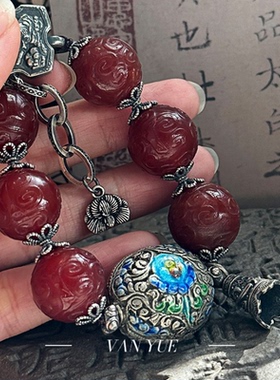 S925银滴釉唐草花吊坠回纹玛瑙圆珠摇钟手链民族风多样性发
