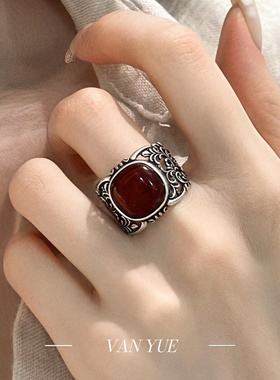 S925银镂空唐草纹方糖血泊戒指女复古民族风做旧食指戒送妈妈礼物