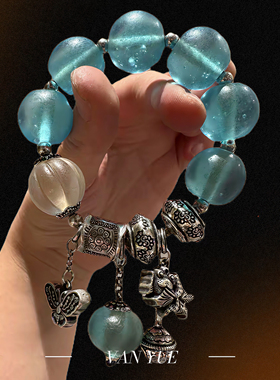 S925银蓝色琉璃冰透杏色琉璃瓜珠蝴蝶金鱼手串