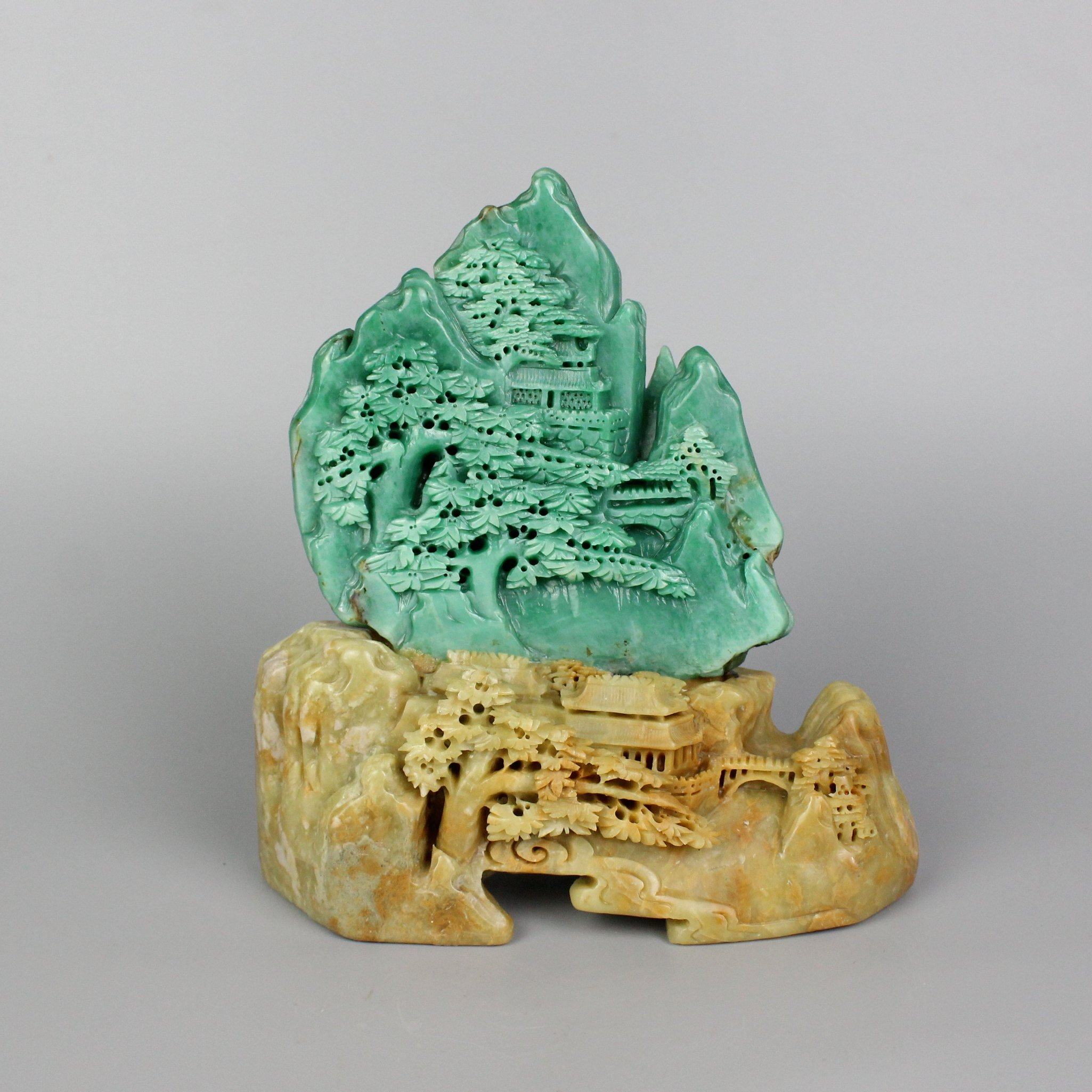 绿水青山就是金山银山田石雕刻摆件广东翡翠精致唯美玉纯手工艺术