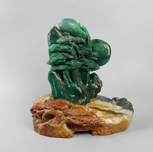 迎客松涛青田石雕刻山水摆件四川雅安翡翠新绿精美纯手工艺术真品