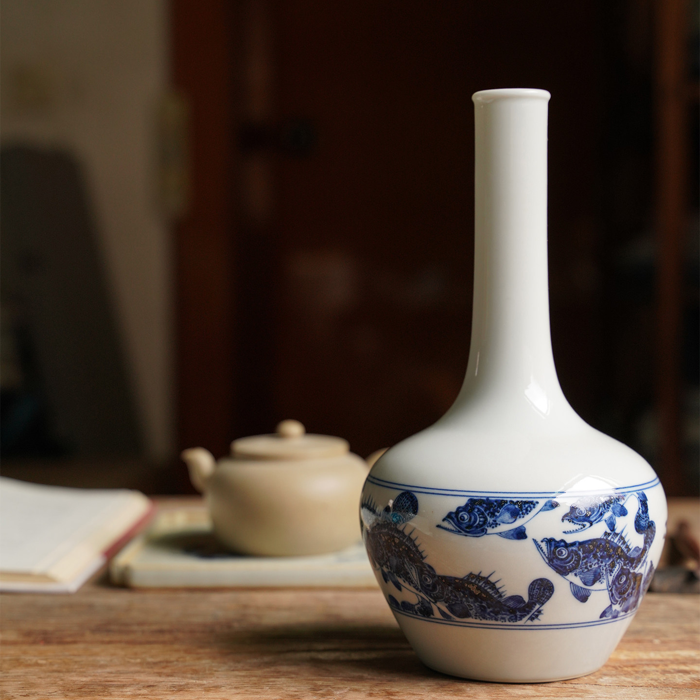 淡淡清女香手绘仿明青花鱼藻胆瓶景德镇陶瓷赏瓶摆件插花花瓶文房