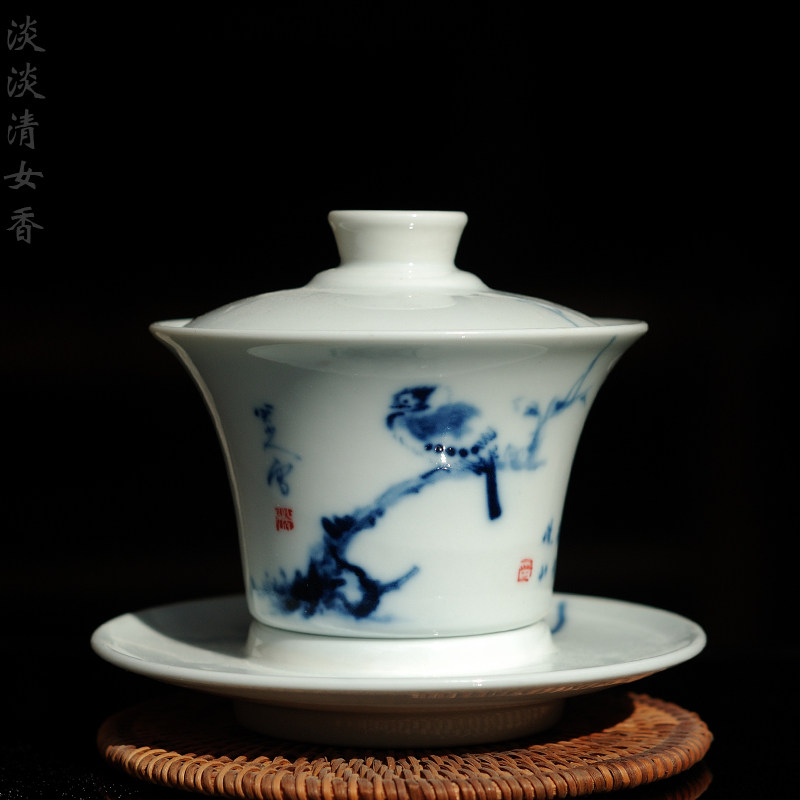 景德镇纯手绘青花鸟语花香盖碗  正品全手工陶瓷瓷器品茗茶具茶碗