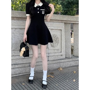 女小个子裙子收腰修身 学院风甜美polo连衣裙夏季 显瘦黑色气质