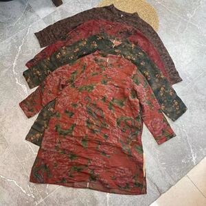 复古长袖亚麻数码印花盘扣中长款袍子上衣3060