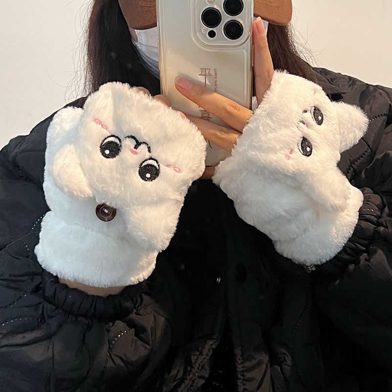 冬季棉卡通手套女学生韩版可爱冬季加厚加绒骑行半指翻盖防寒双层