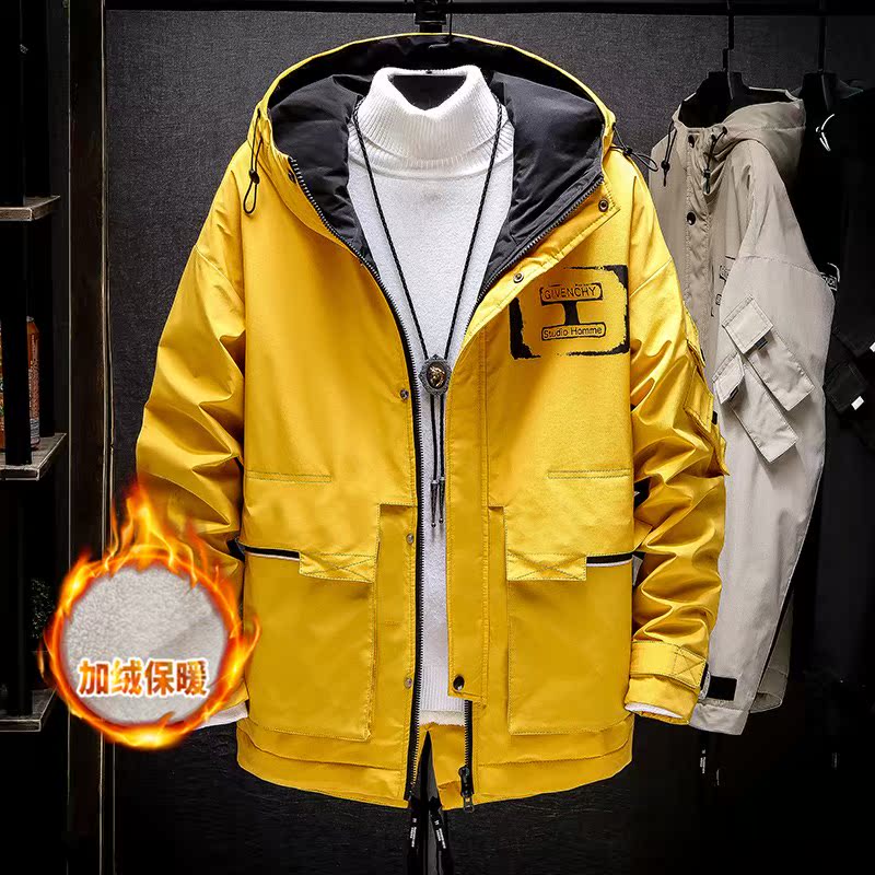 Cotton padded men's winter lambs plush plush jacket coat versatile hooded work clothes down cotton jacket