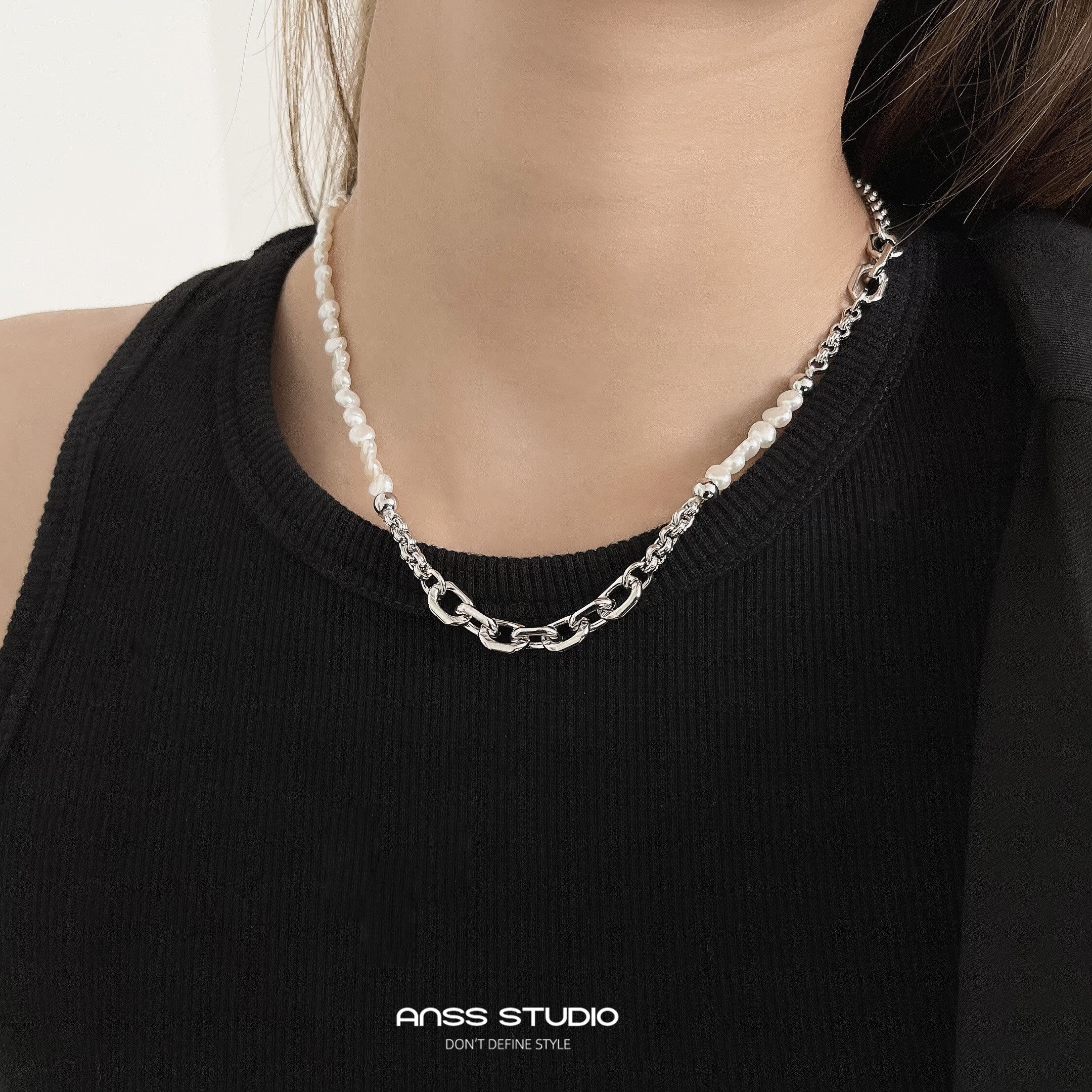 【ANSS】性冷淡风 链条拼接珍珠短款项链女 气质时髦百搭锁骨链