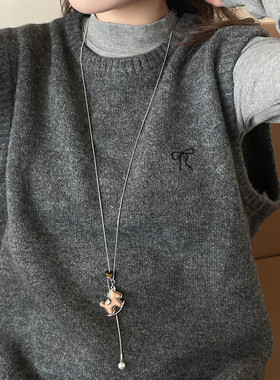 秋冬木质小马吊坠长款抽拉项链女
