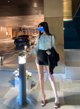 2.22 徐睿之 夏娃湖蓝色 法式系带衬衫缎面丝质飘带衬衣 百搭上衣