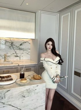 *少女时代*Ju显腰臀比古早韩女拼色粗花呢弹力收腰包臀连衣裙