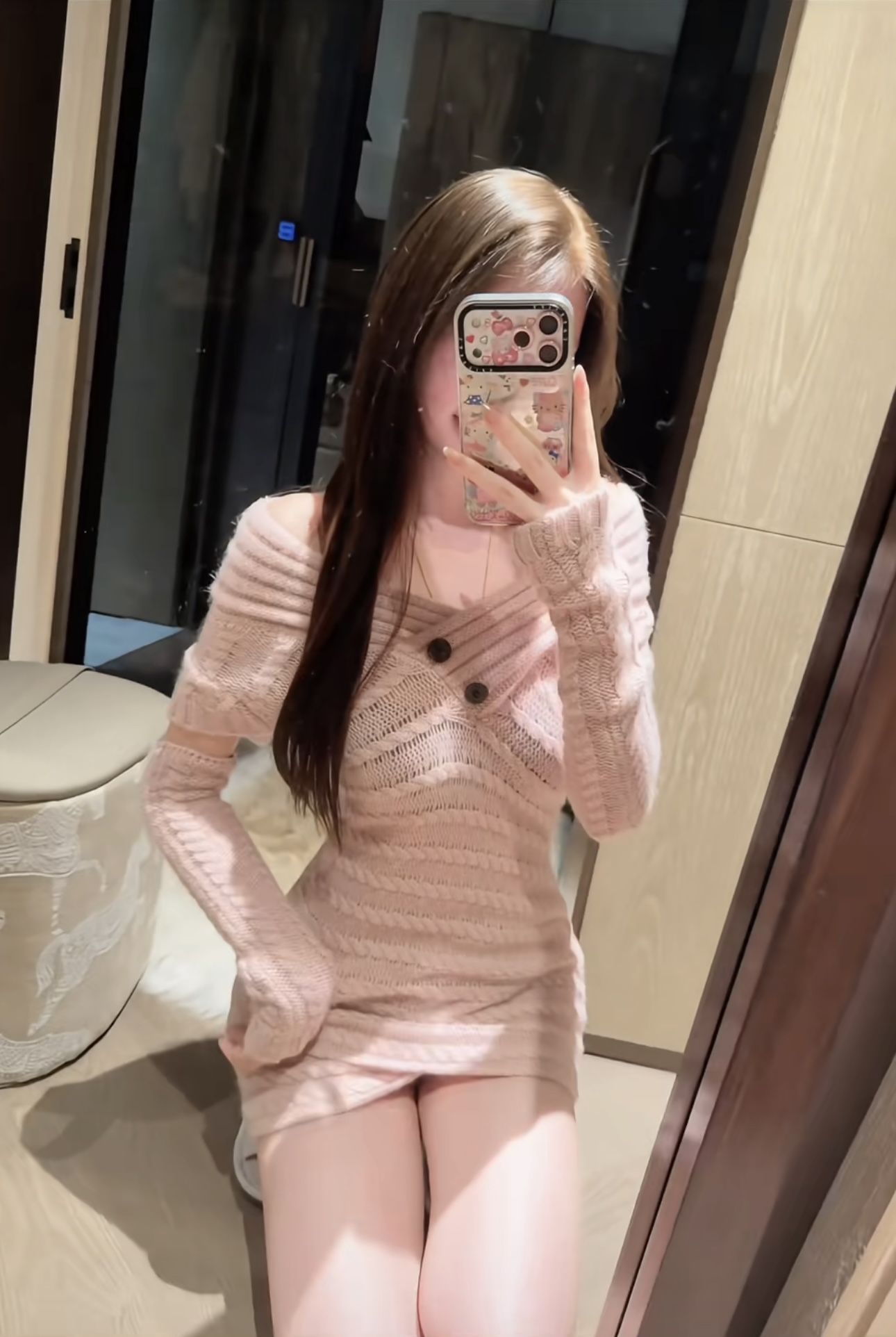 *温润如玉*yjy羊绒羊毛舒服粉色送袖套露肩连衣裙