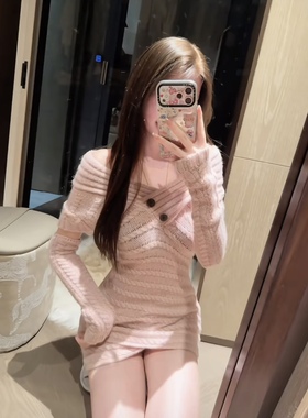 *温润如玉*yjy羊绒羊毛舒服粉色送袖套露肩连衣裙