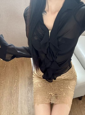 卜斯斯 轻薄微透三层过渡弹力微包臀鎏金女士蕾丝半身裙