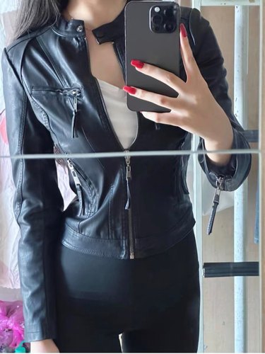 卜斯斯同款性感女特工纯黑做旧修身收腰皮衣Pu皮衣拉链外套