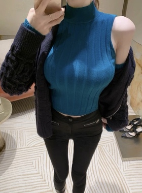 sugar *peacock blue*巨显白半高领螺纹针织送袖套内搭背心上衣