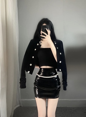 辣妹黑色性感亮面漆皮半身裙带安全裤高腰显瘦修身包臀防走光短裙