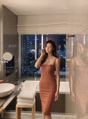 韩国江南美人气质砖橙色精致侧边蕾丝吊带包臀连衣裙