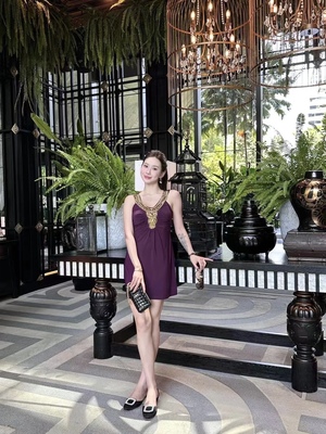 *埃及艳后*古早酱紫色镶金钉珠异域风情挂脖连衣裙