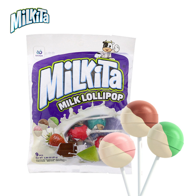 印尼进口Milkita优你康棒棒糖81g牛奶水果双味草莓儿童糖果批发
