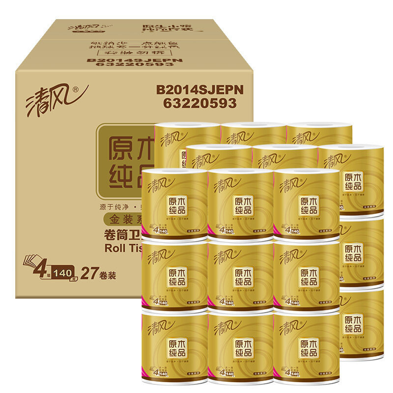 清風卷紙加量不加價原木金裝140g27卷有芯衛生紙巾家用實惠裝整