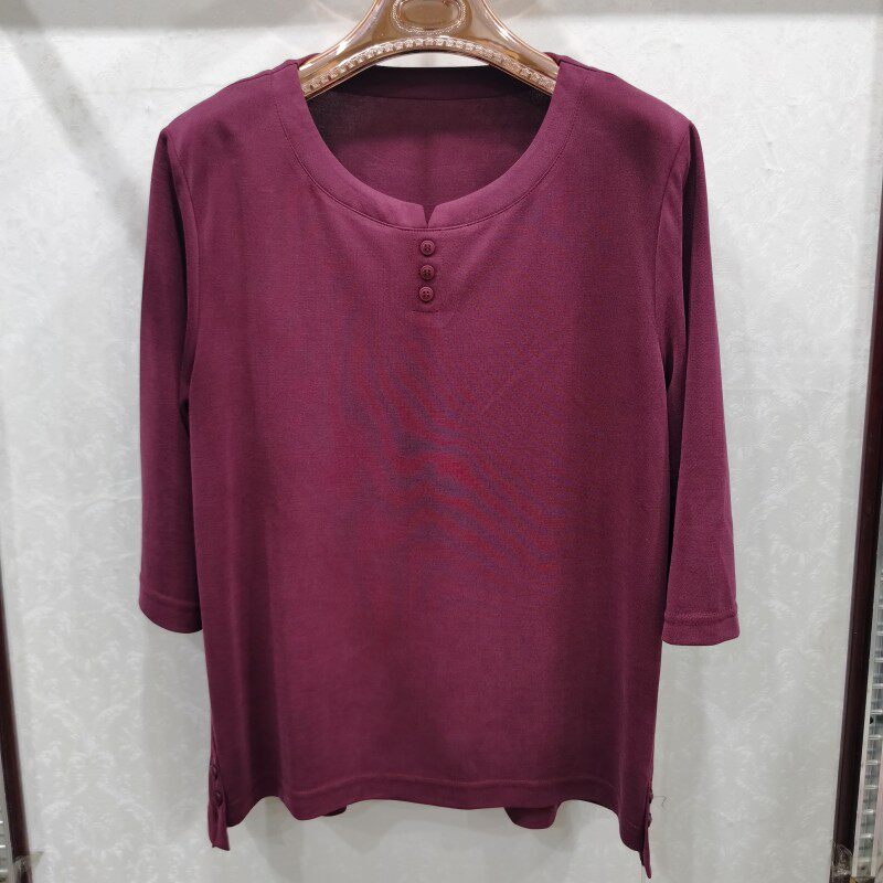 富千金f606中老年七分短袖上衣2025夏民族风妈妈装圆领休闲T恤衫 - 富千金服饰出品