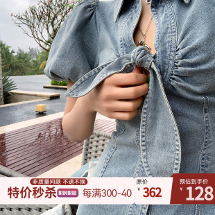 裙 连衣裙女复古设计感衬衫 蝴蝶结牛仔泡泡袖 清仓捡漏秒杀